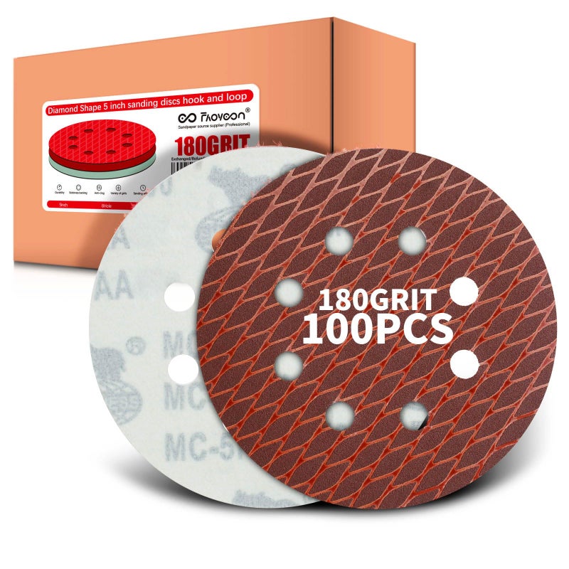 Faoyoon 180 grit Sanding Disc 5 Inch 8 Hole Hook and Loop, Diamond Shape Sand Paper for Woodworking & Automotive etc, Sanding Pads for Random Orbital Sander, 100-Pack - Image 1